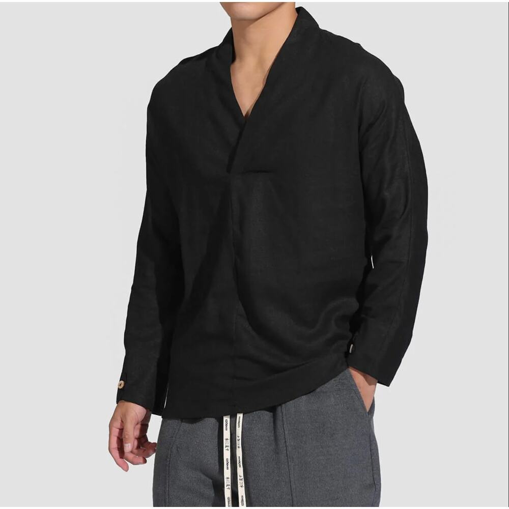 Kidoriman Linen Shinu Drop V Shirt Mens 4XL Black Minimalist Japanese Streetwear